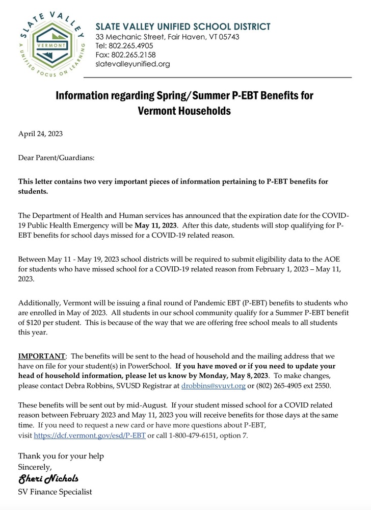 Information regarding Spring/Summer PEBT Benefits for Vermont