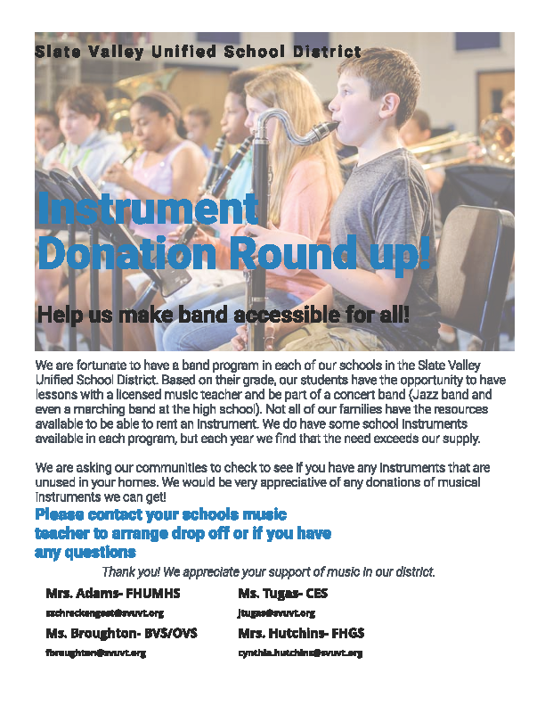 Slate Valley Music Department Instrument Donation Drive