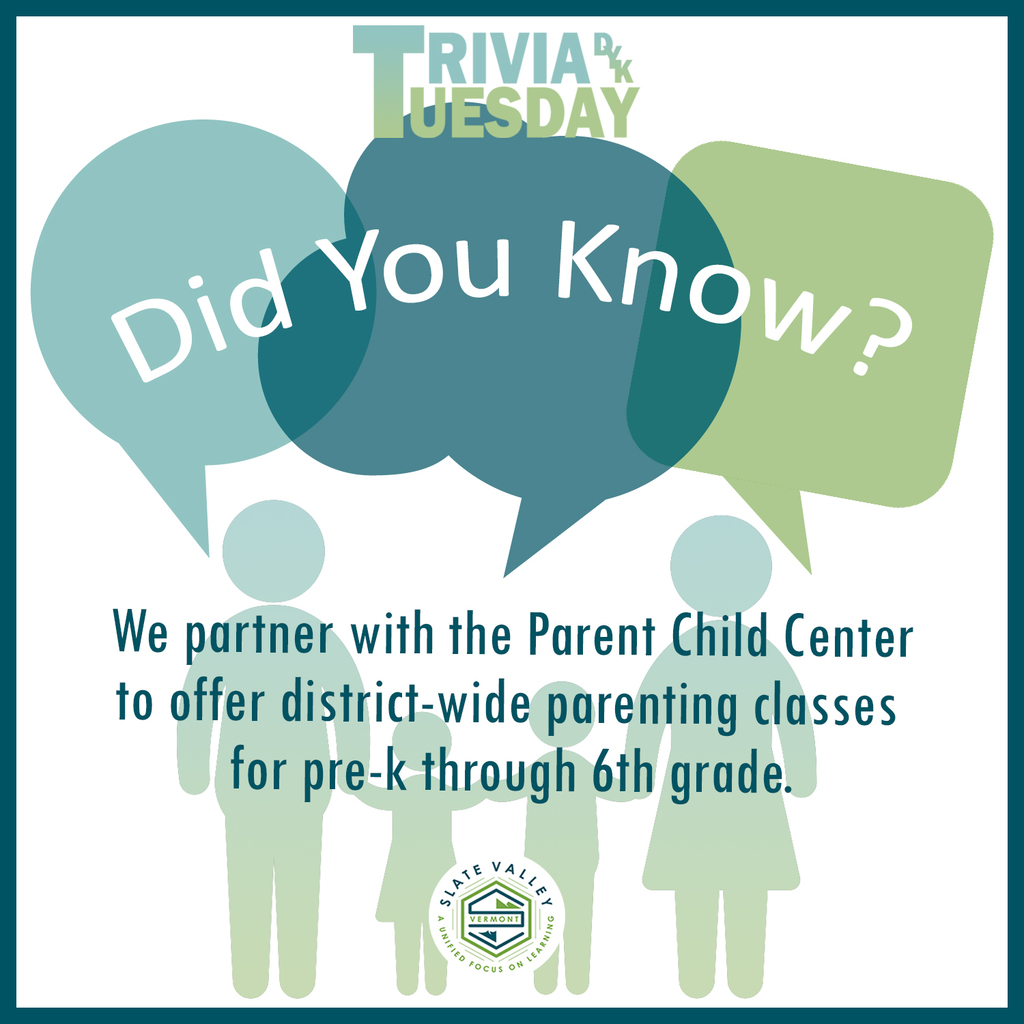 We partner with the Parent Child Centerto offer district-wide parenting classes for pre-k through 6th grade.